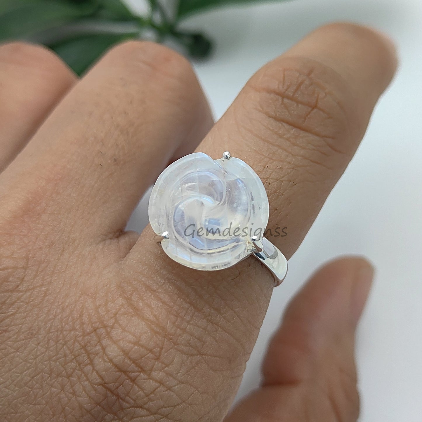 Handmade Rainbow Moonstone Flower Ring – Adjustable 925 Sterling Silver, Romantic Jewelry Gift