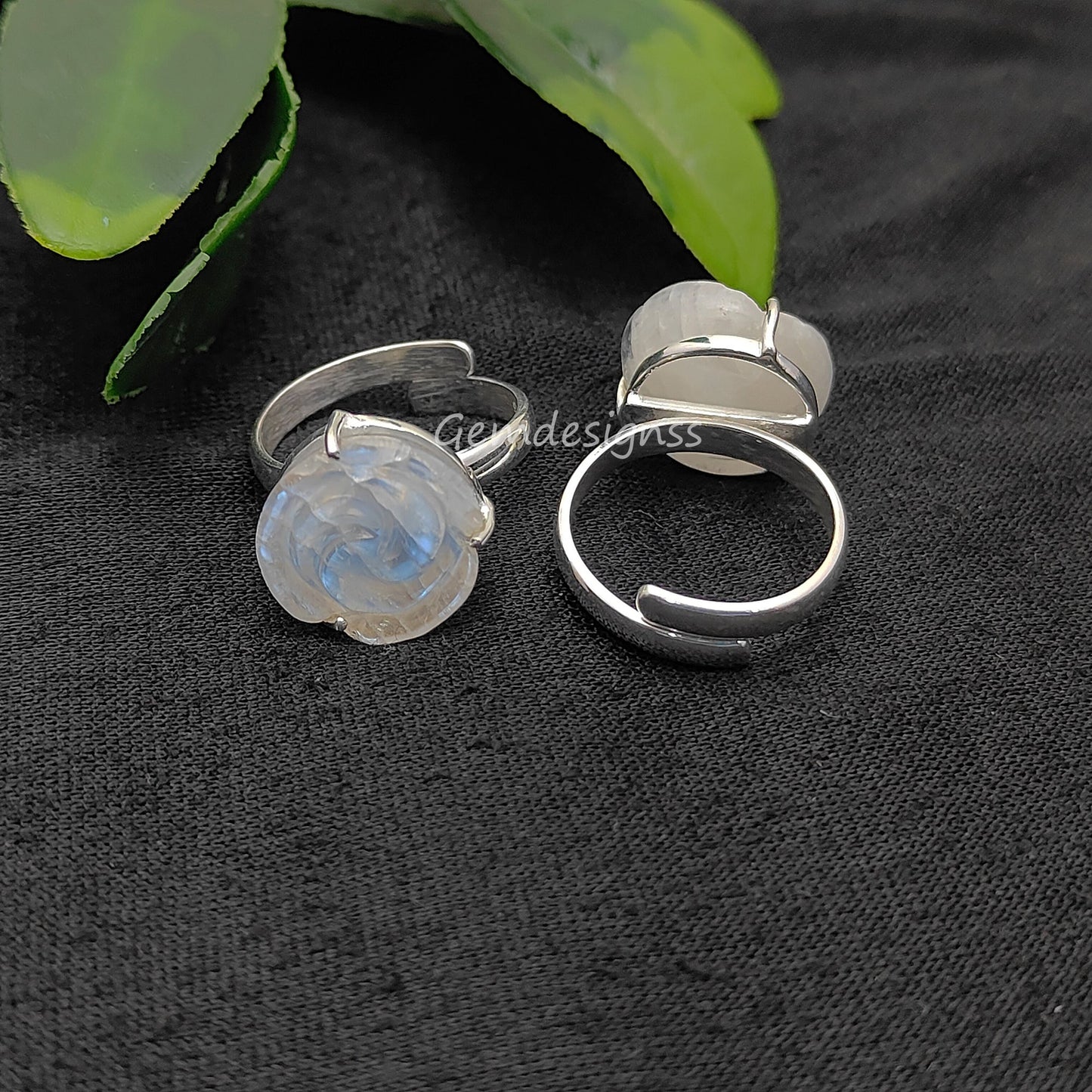 Rainbow Moonstone Handcarved Flower Ring Adjustable 925 Sterling Silver Romantic Jewelry