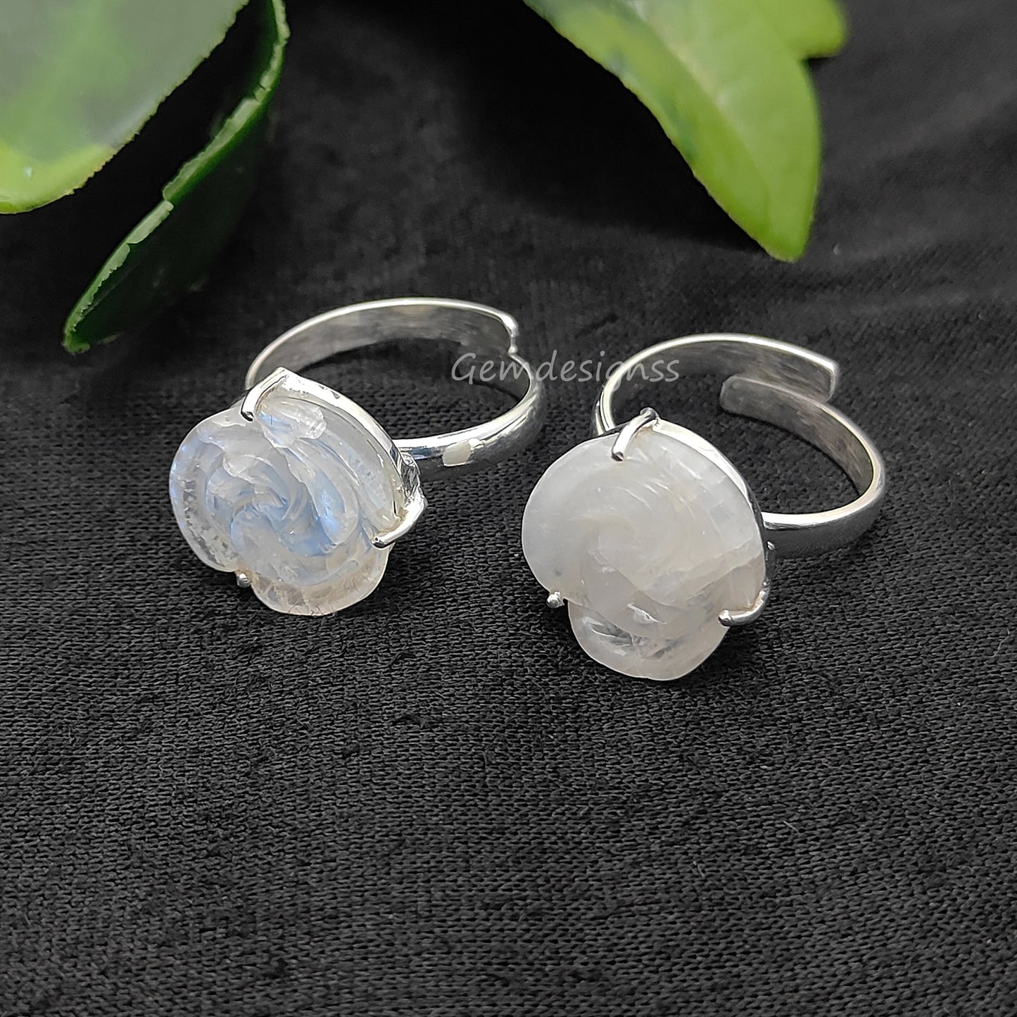 Rainbow Moonstone Handcarved Flower Ring Adjustable 925 Sterling Silver Romantic Jewelry
