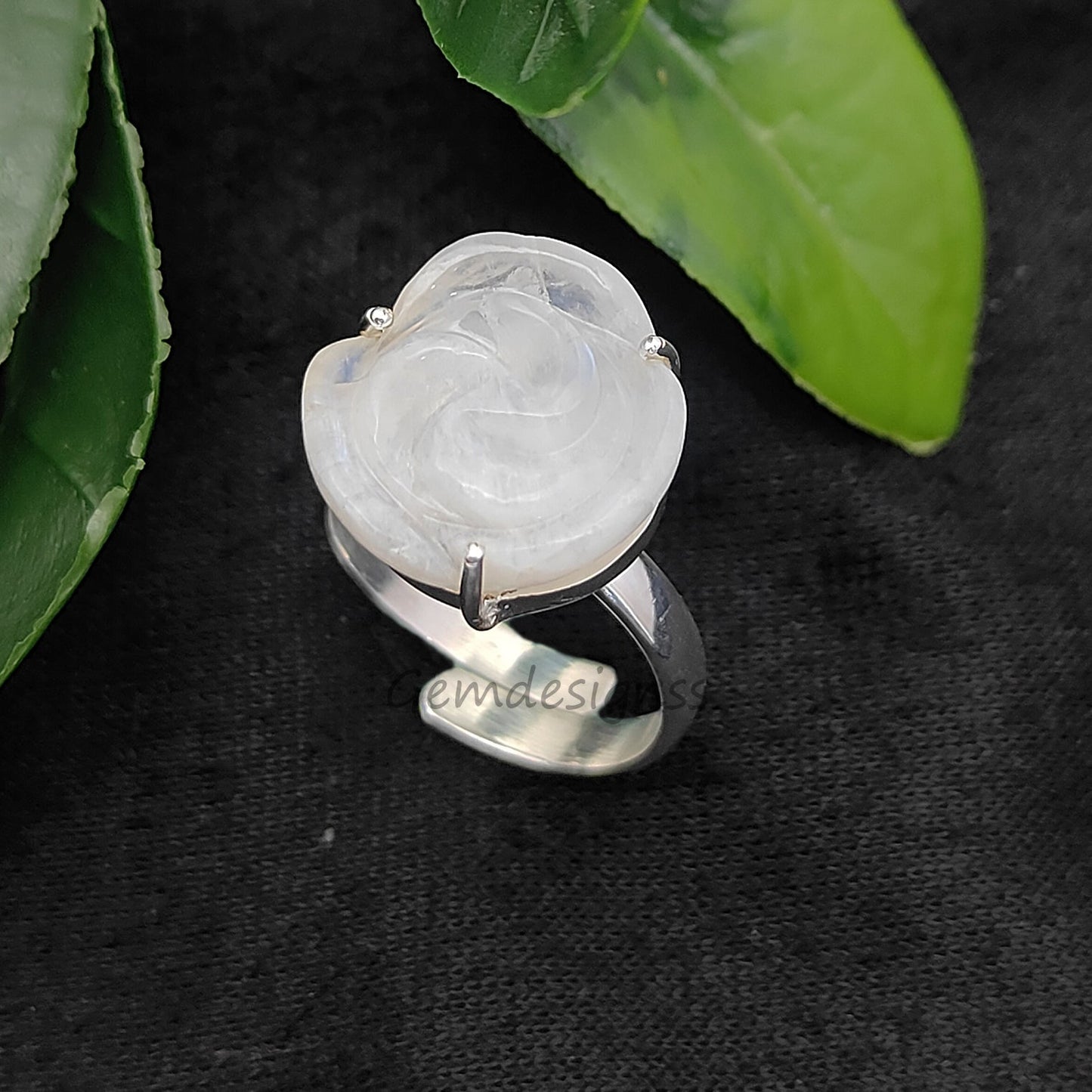 925 Sterling Silver Rainbow Moonstone Ring – Handcarved Flower, Adjustable Romantic Jewelry