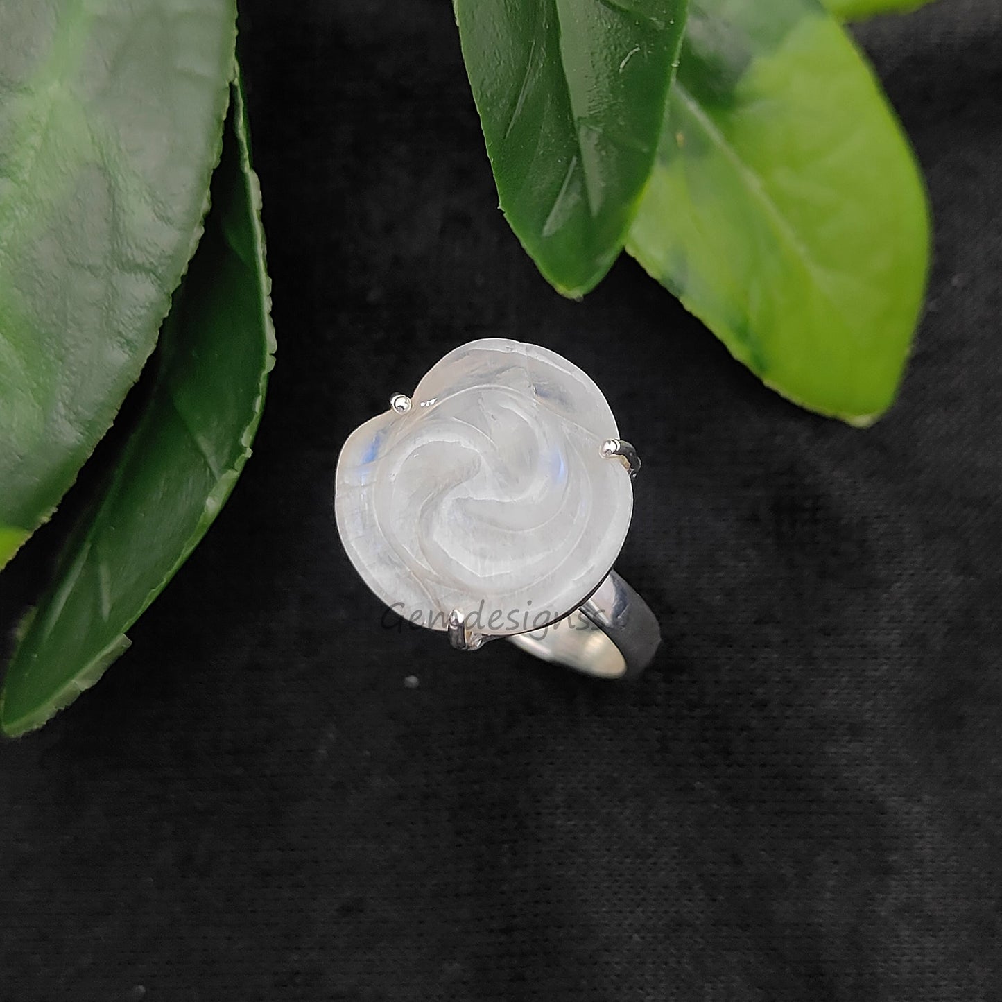 Elegant Rainbow Moonstone Flower Ring – Adjustable 925 Sterling Silver, Handcarved Design