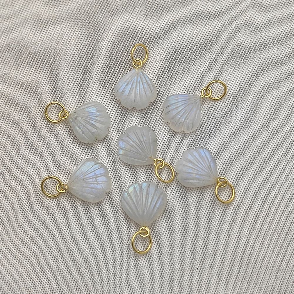 Elegant Rainbow Moonstone Heart Pendant with Handmade Seashell Charm – Silver Plated