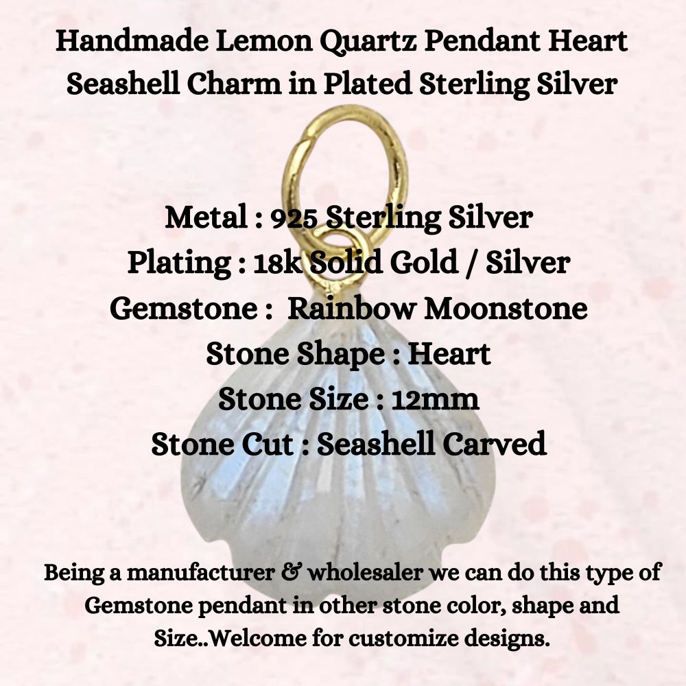 Handmade Rainbow Moonstone Heart Pendant with Seashell Charm in Silver Plating
