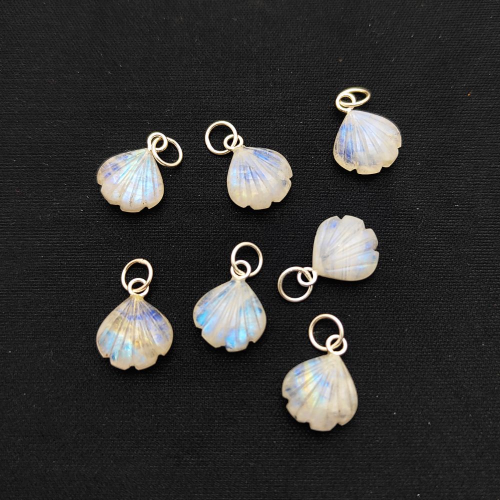 Handmade Rainbow Moonstone Heart Pendant with Seashell Detail in Silver Plated Jewelry