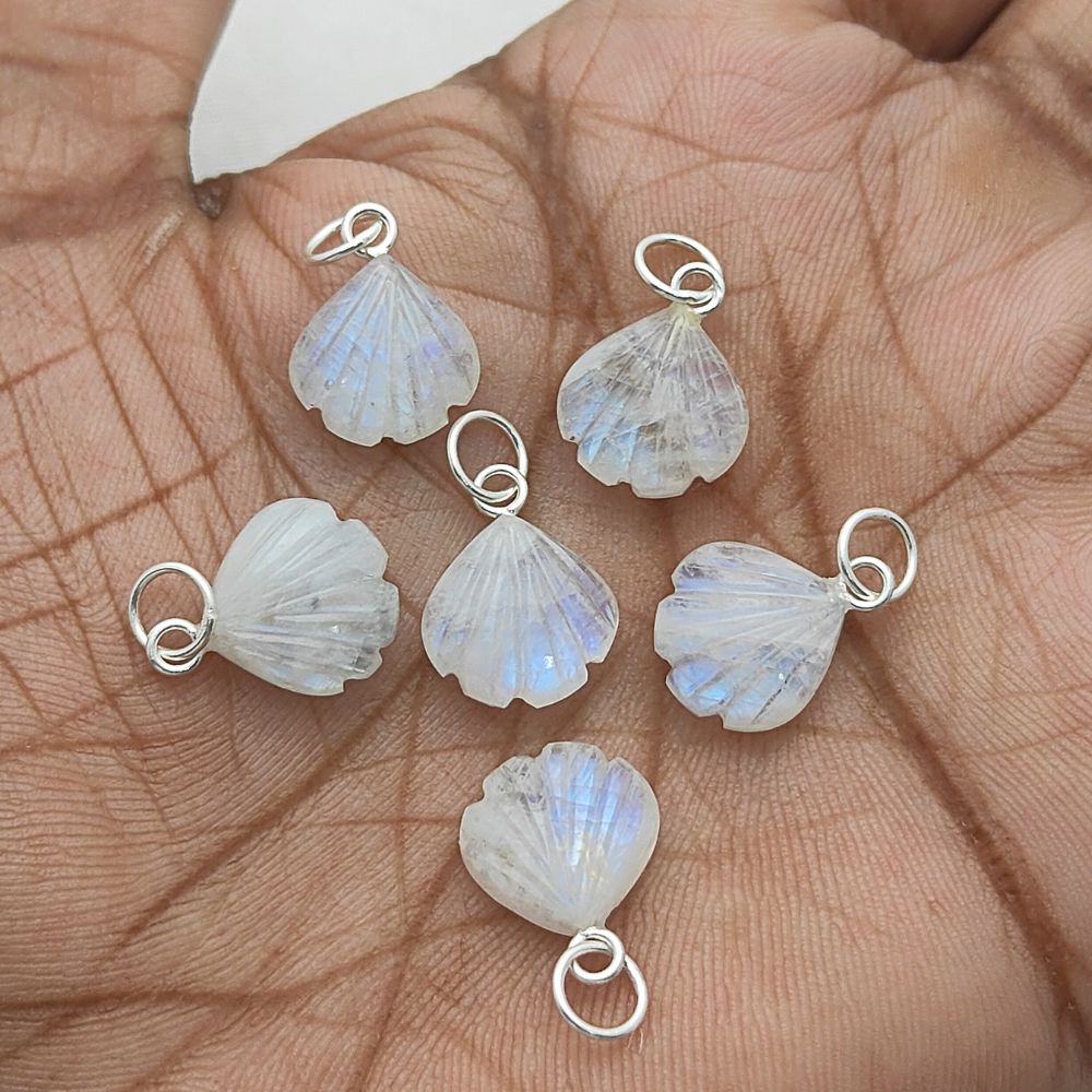 Artisan Rainbow Moonstone Heart Pendant with Seashell Charm in Silver Plating