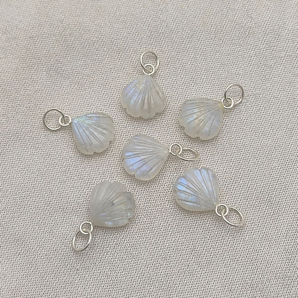 Rainbow Moonstone Heart Pendant with Handmade Seashell Charm in Silver Plated Jewelry