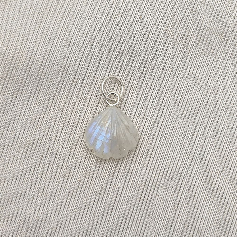 Rainbow Moonstone Heart Pendant with Handmade Seashell Charm in Silver Plated Jewelry