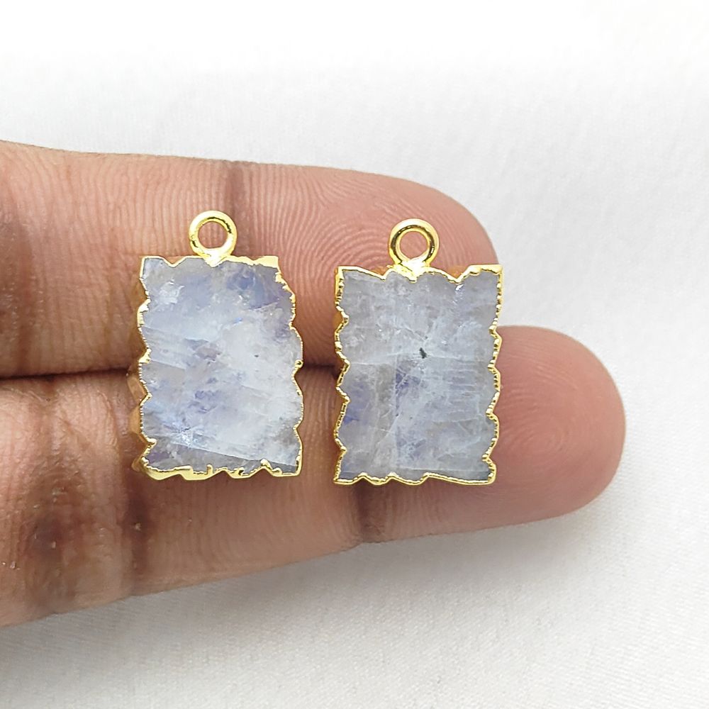 Rainbow Moonstone Gemstone Slice Necklace, Gold Electroplated Zig Zag Pendant