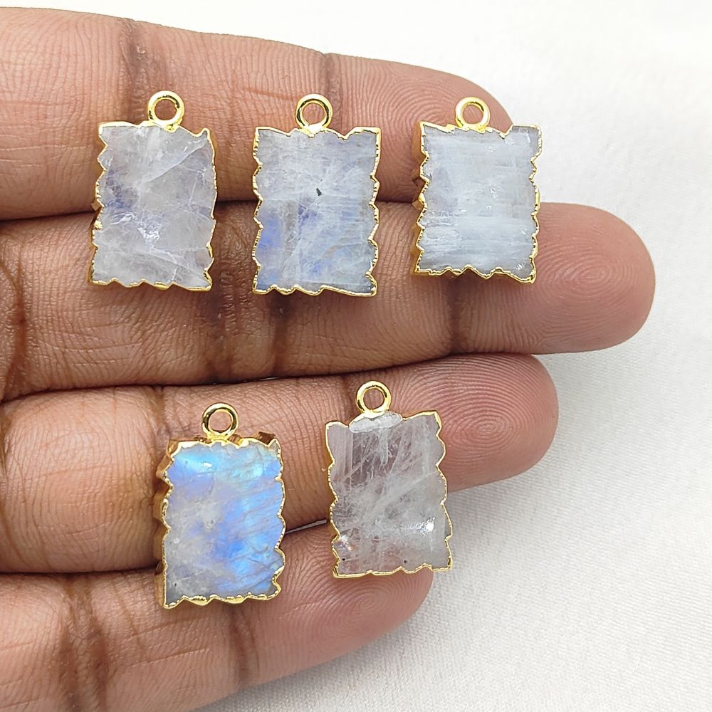 Gold Electroplated Rainbow Moonstone Necklace, Zig Zag Gemstone Slice Pendant