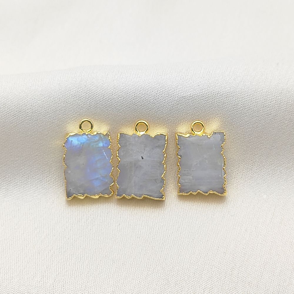 Elegant Rainbow Moonstone Zig Zag Pendant Necklace, Gold Electroplated Gemstone Slice