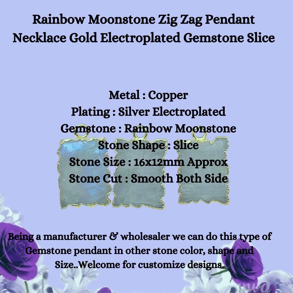 Gold Electroplated Rainbow Moonstone Pendant, Zig Zag Gemstone Slice Necklace