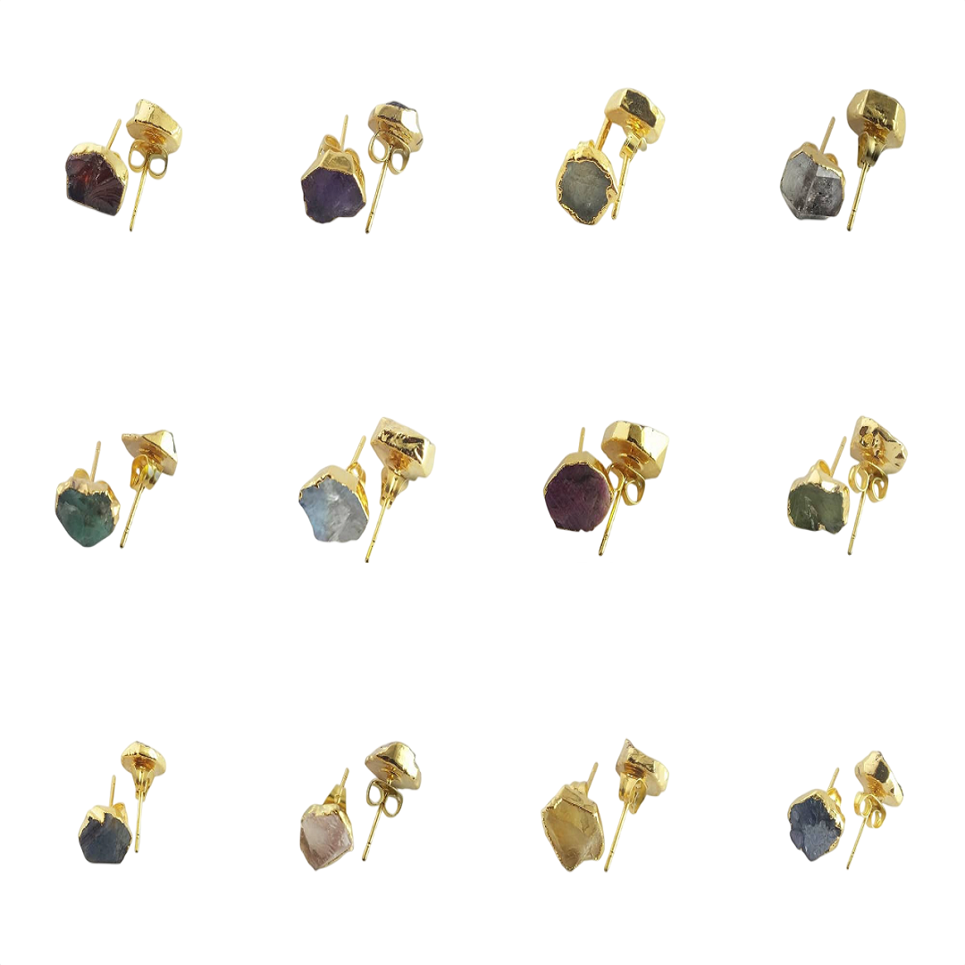 Handmade Raw Gemstone Stud Earrings Gold Electroplated All Birthstone Rough Stone Studs Jewelry For Her- Selling Per Piece