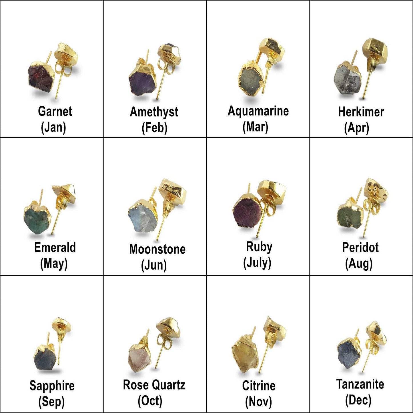 Handmade Raw Gemstone Stud Earrings Gold Electroplated All Birthstone Rough Stone Studs Jewelry For Her- Selling Per Piece