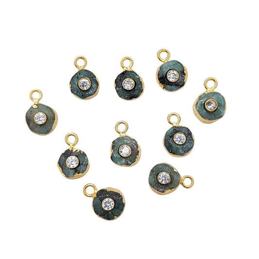 Raw Emerald Necklace Charm 18k Gold Electroplated Handmade May Birthstone Pendant with CZ- Selling Per Piece