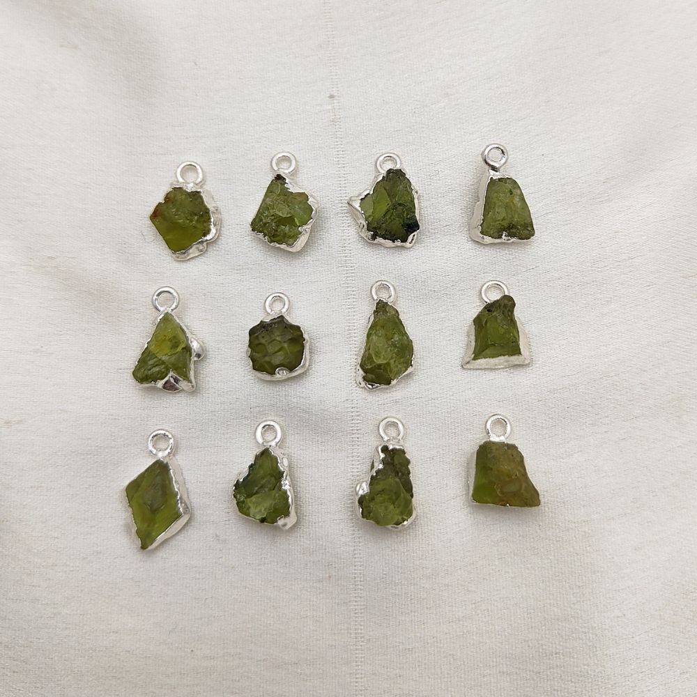Raw Green Peridot Pendant Silver Electroplated Healing Stone for Handmade Spiritual Jewelry- Selling Per Piece