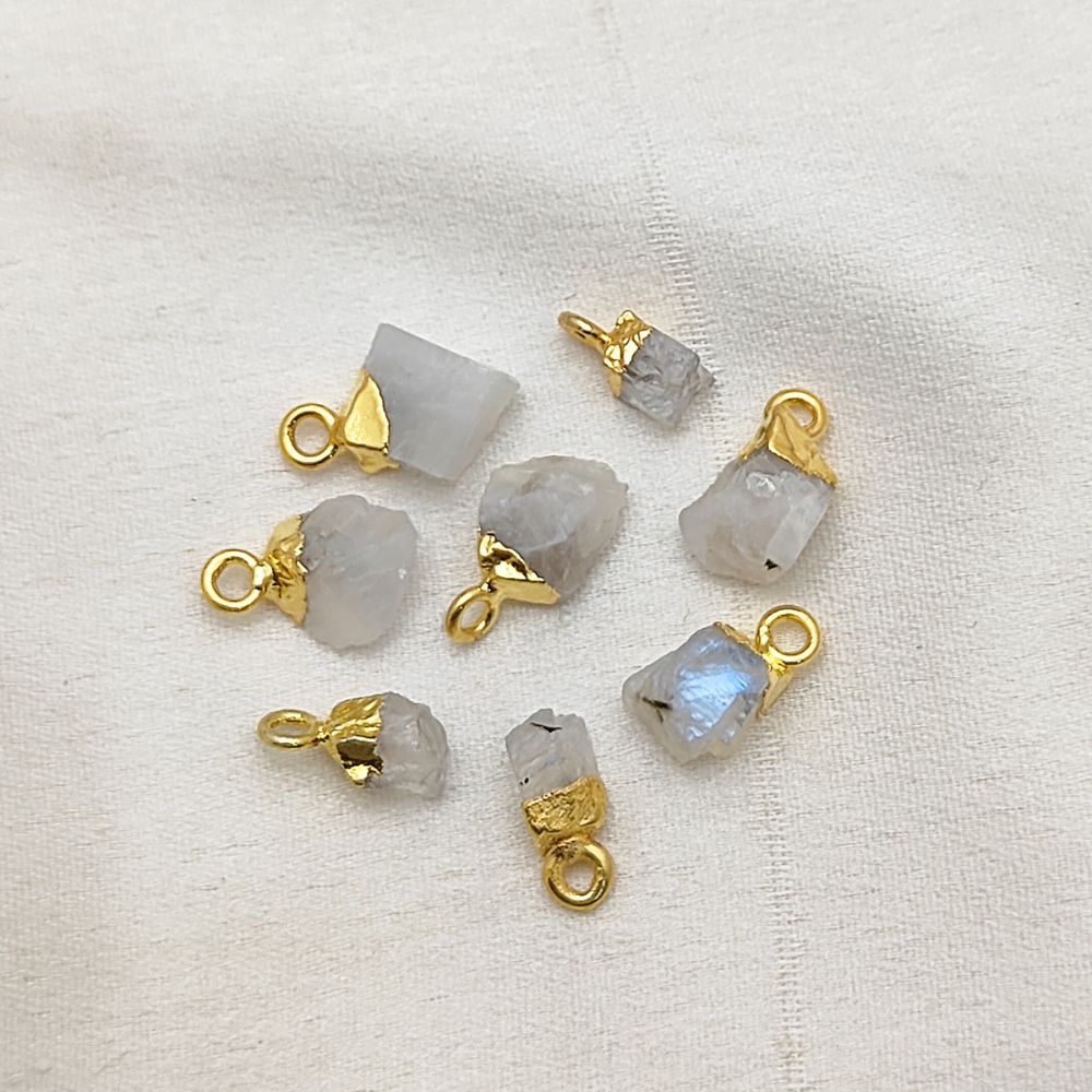 Handcrafted Raw Rainbow Moonstone Pendant Gold Electroplated Cap Crystal Charm for DIY- Selling Per Piece