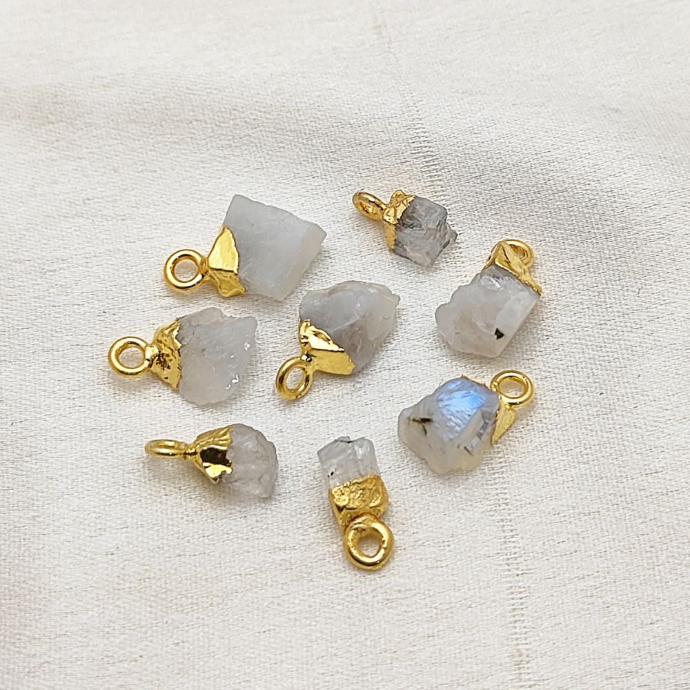 Handcrafted Raw Rainbow Moonstone Pendant Gold Electroplated Cap Crystal Charm for DIY- Selling Per Piece