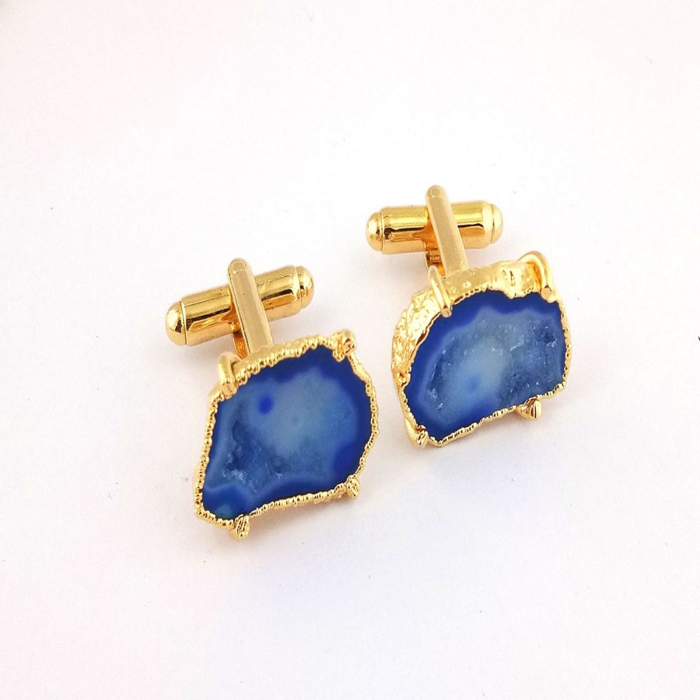 Men’s Gemstone Cufflinks - Raw Blue Druzy Geode Gold Plated - Unique Gift Pair