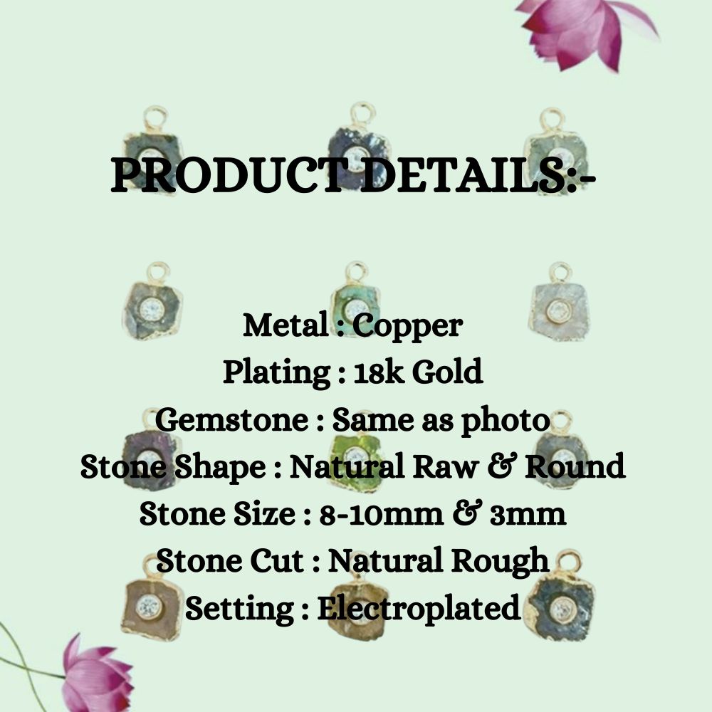 Natural Raw Gemstone Birthstone Pendant with CZ 18k Gold Electroplated Handmade Charm- Selling Per Piece