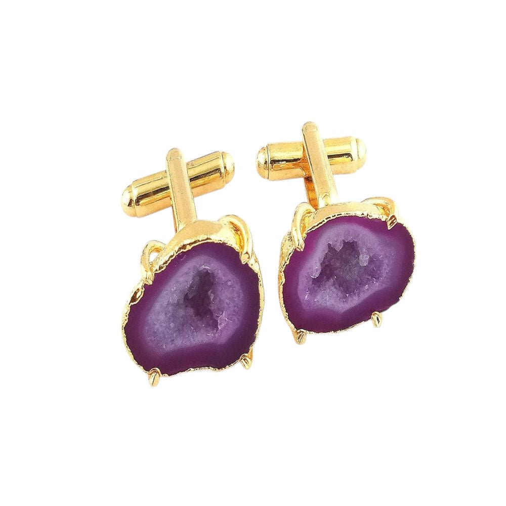 Pair of Raw Pink Druzy Geode Cufflinks - Gold Plated Men’s Stylish Jewelry Gift