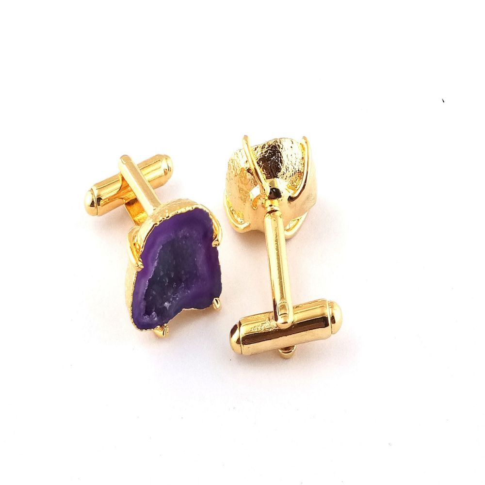 Gold Electroplated Handmade Purple Druzy Geode Cufflinks - Raw Gemstone Gift Pair