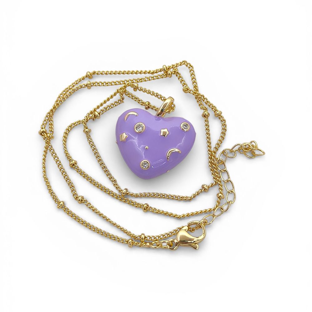 Romantic Celestial Heart Necklace with Star and Moon Galaxy Enamel Handmade Gold Plated Jewelry – Selling Per Piece