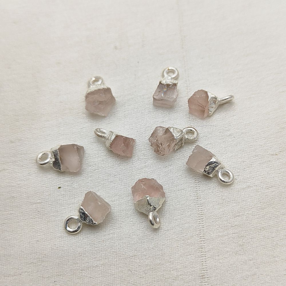 Rose Quartz Gemstone Pendant Raw Stone with Silver Electroplated Cap for Handmade Necklaces- Selling Per Piece