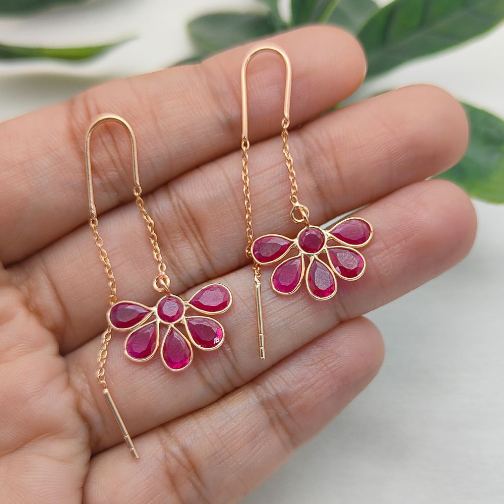 Hot Pink CZ Threader Earrings Handmade Rose Gold Plated Jewelry for Women Minimalist Drop Earrings