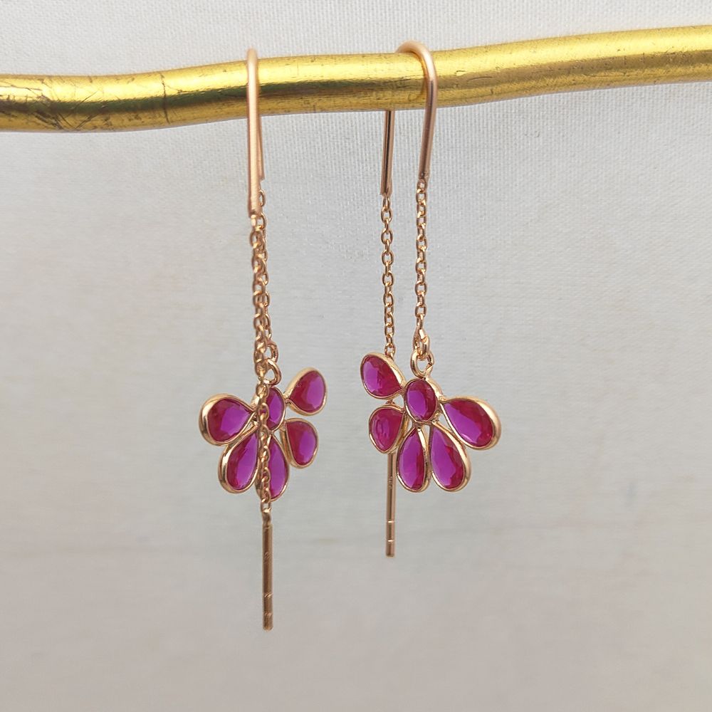 Cubic Zirconia Threader Earrings Hot Pink Drop Rose Gold Plated Sterling Silver Handmade Jewelry