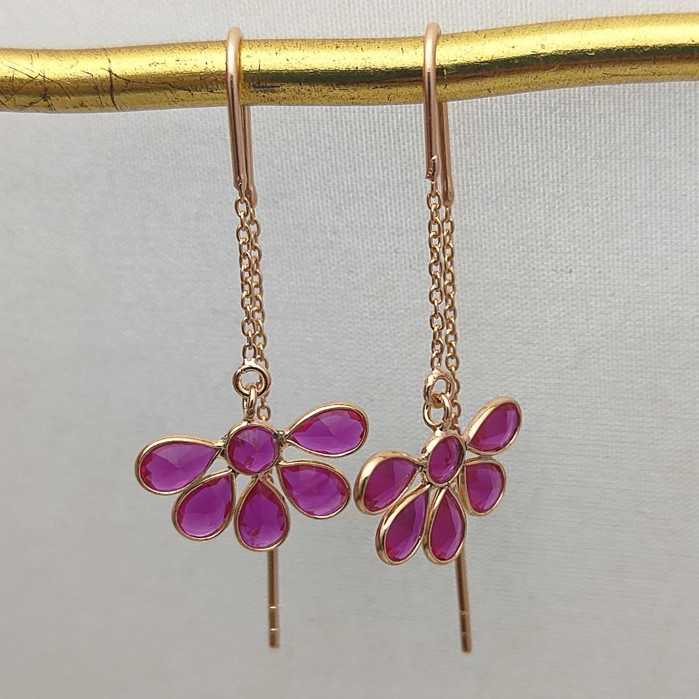 Rose Gold Threader Earrings Hot Pink CZ Drops Dainty Handmade Jewelry for Women