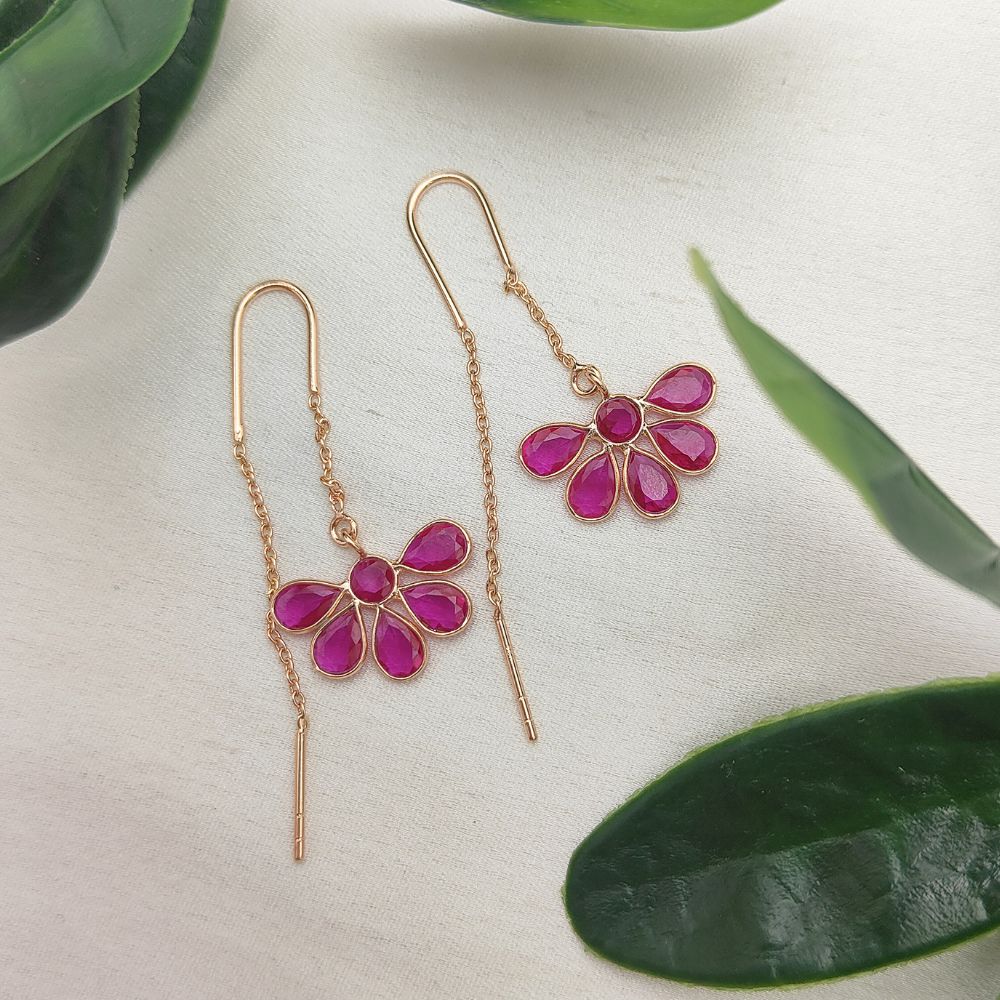 Elegant Hot Pink CZ Threader Earrings Handmade Rose Gold Jewelry Dainty Drop Earrings for Women