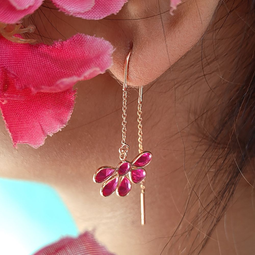 Dainty Rose Gold Plated Threader Earrings Hot Pink CZ Handmade Jewelry for Her