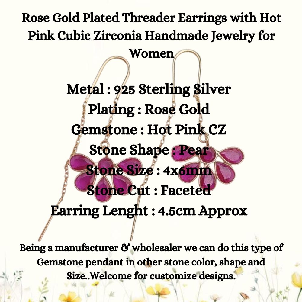 Hot Pink Cubic Zirconia Earrings Rose Gold Threaders Handmade Jewelry Gift for Women