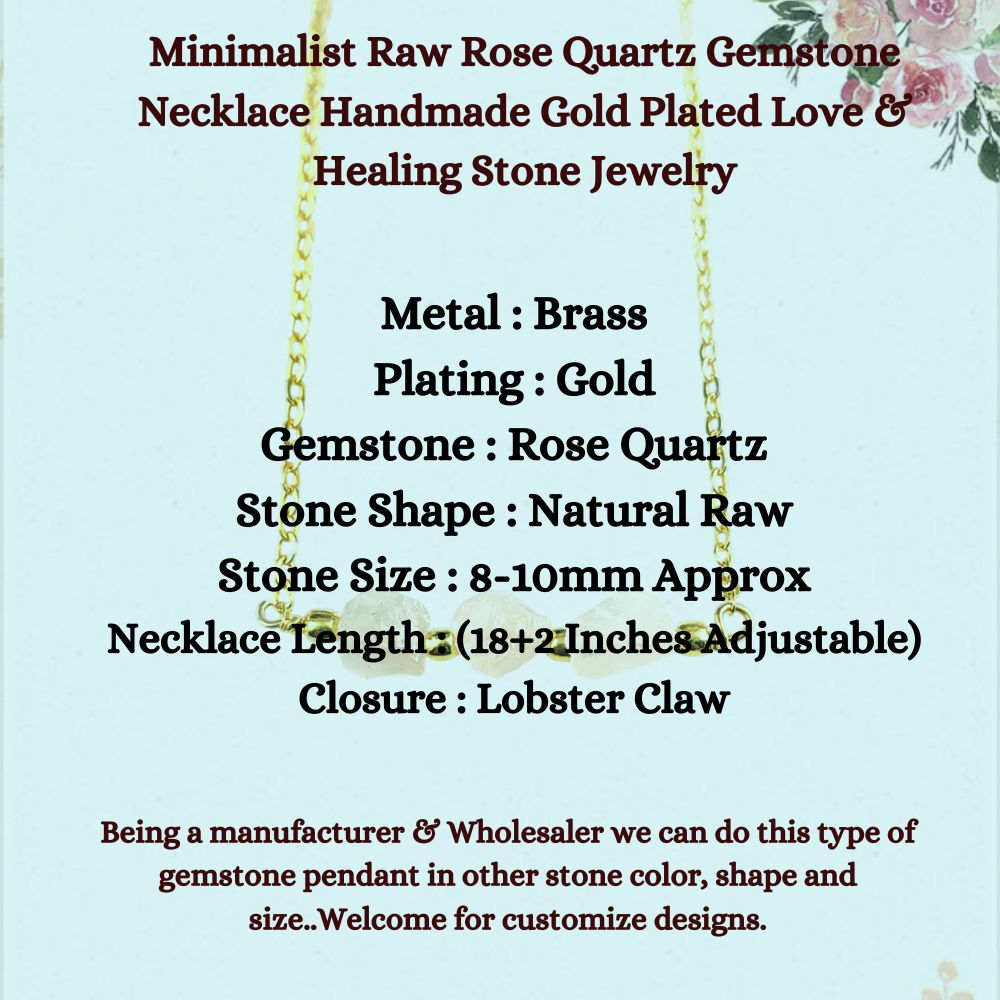 Minimalist Raw Rose Quartz Gemstone Necklace Handmade Gold Plated Love & Healing Stone Jewelry for Women- Selling Per Piece