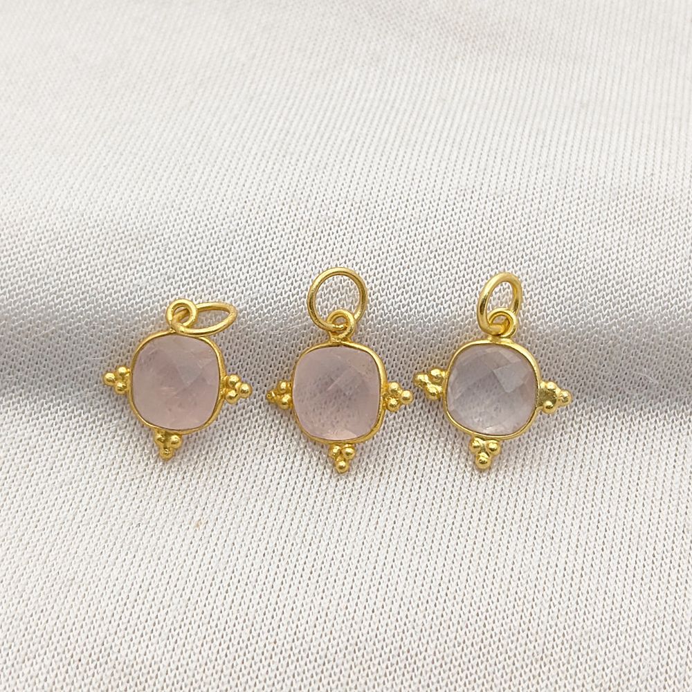 8mm Cushion Rose Quartz Pendant - Gold Plated Sterling Silver Charm for Her
