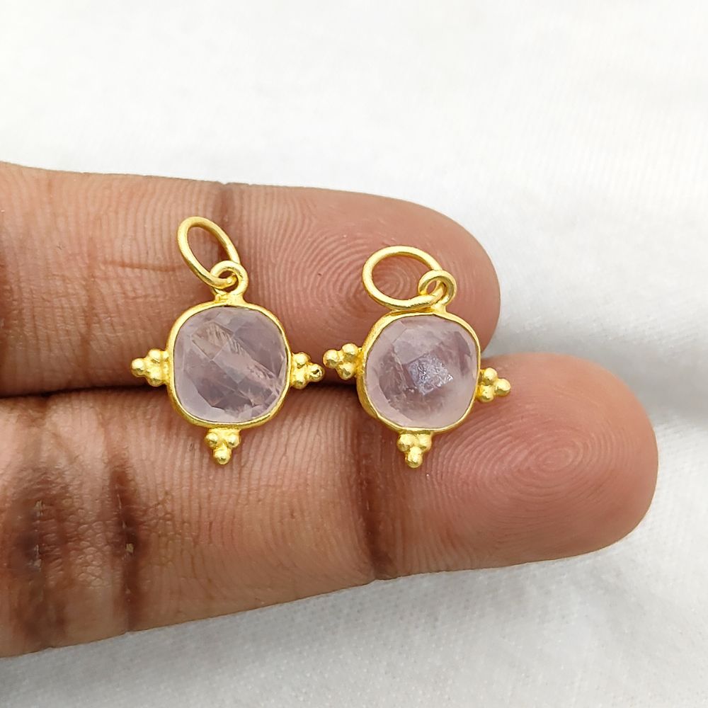 Handmade 8mm Rose Quartz Pendant - Cushion Cut, Gold Plated Sterling Silver Charm