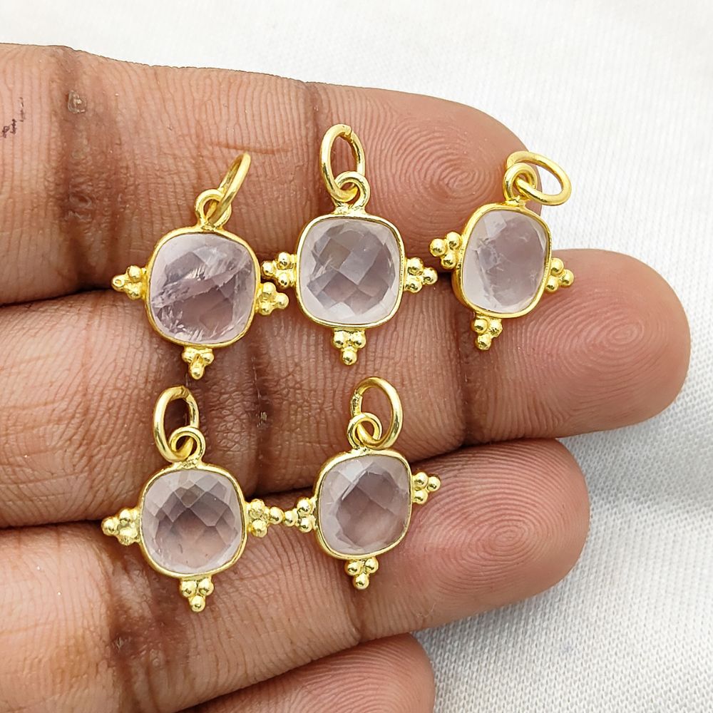 8mm Rose Quartz Gemstone Pendant - Gold Plated Sterling Silver Charm Jewelry for Her