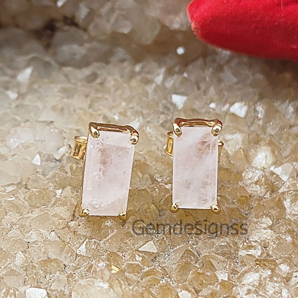 Handmade Multi-Gemstone Studs Gold Vermeil Prong Set Baguette Shape Stud Earrings with Push Back- Selling Per Pair