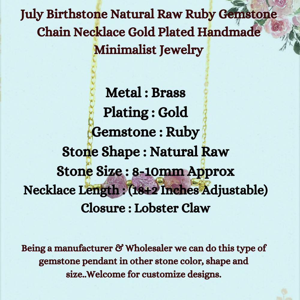 July Birthstone Natural Raw Ruby Gemstone Chain Necklace Gold Plated Handmade Minimalist Jewelry for Gift- Selling Per Piece