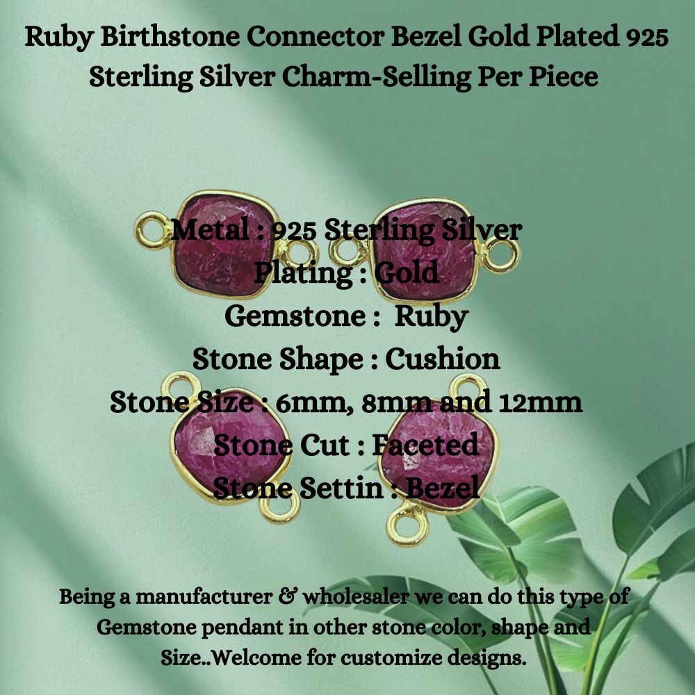 Faceted ruby gemstone bezel charm handmade gold plated silver connector