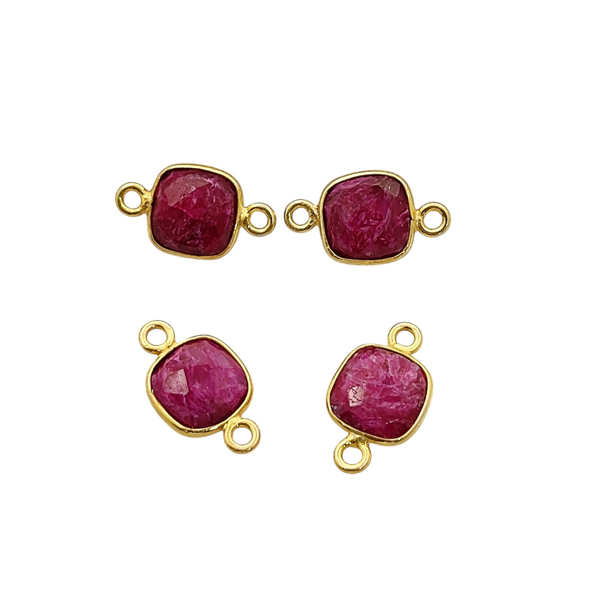 Ruby birthstone cushion cut connector charm gold plated 925 sterling silver bezel