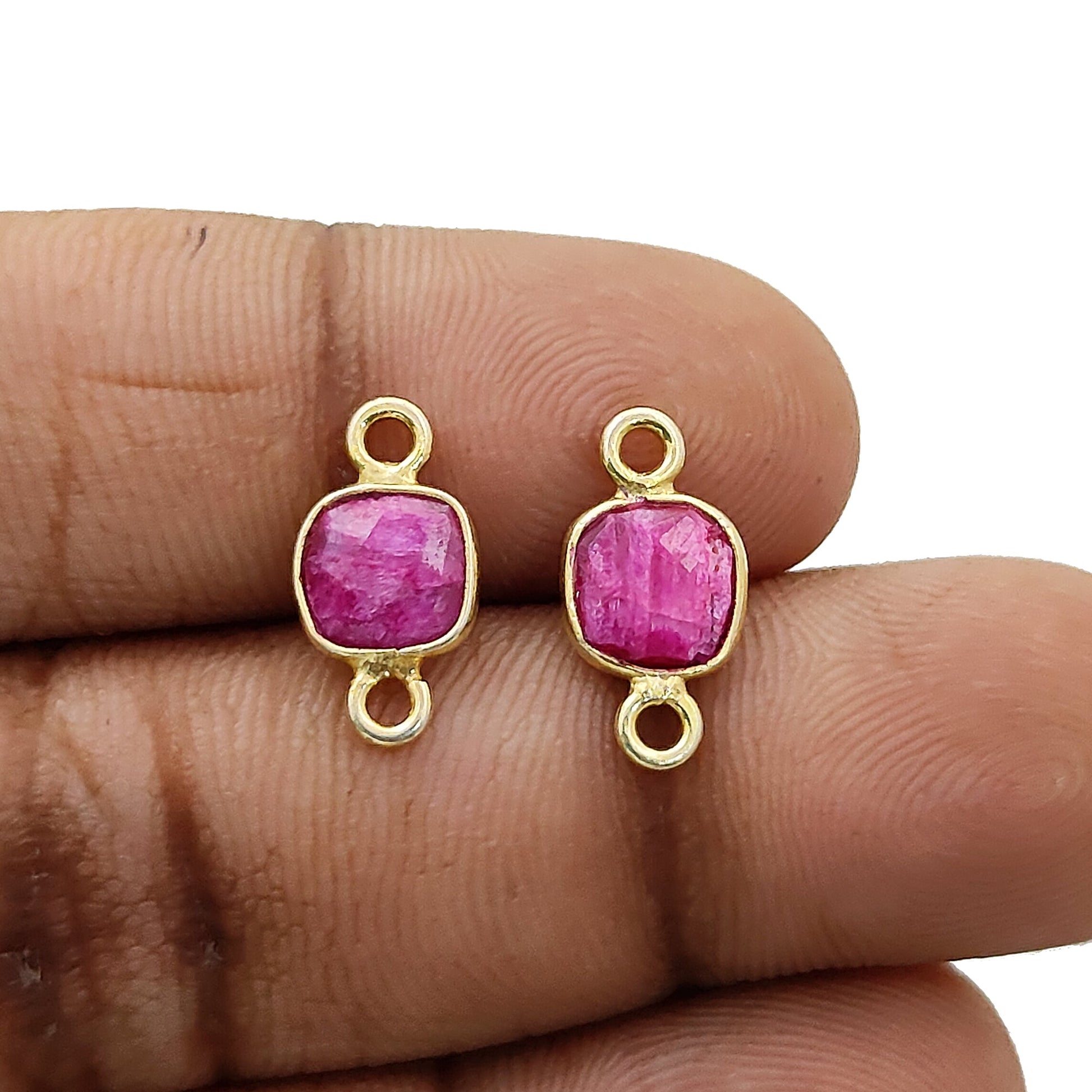 Handmade ruby cushion bezel connector charm gold plated sterling silver
