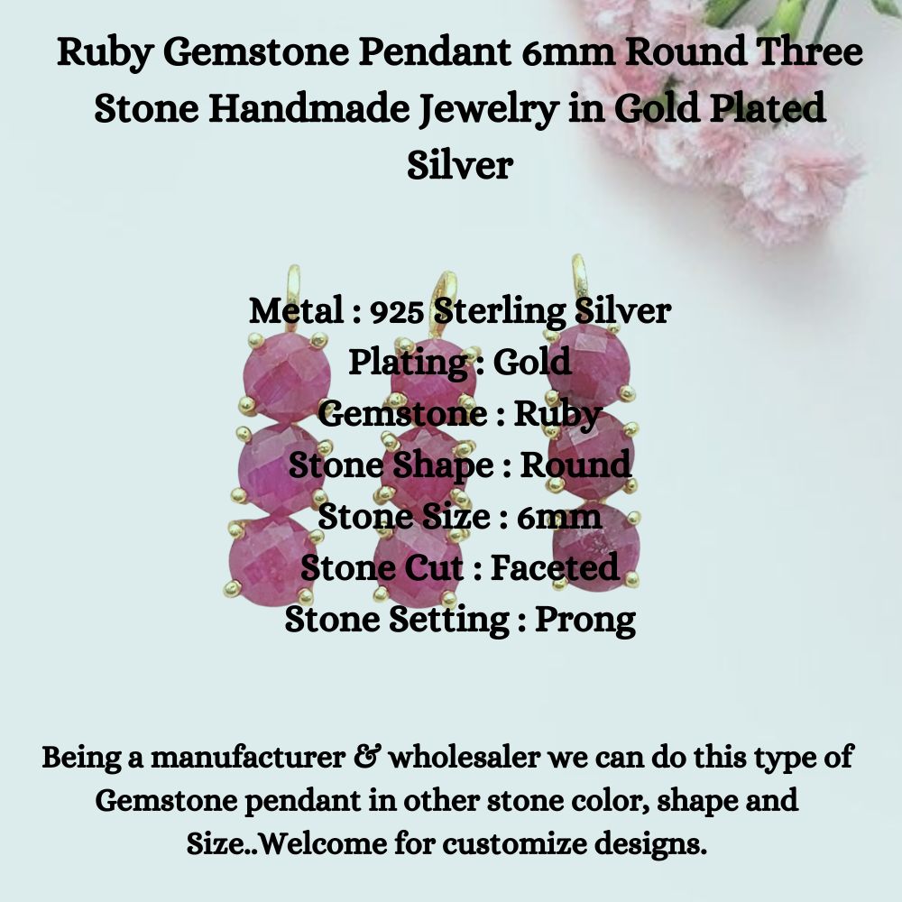 Handmade ruby necklace with triple stone design in gold finish