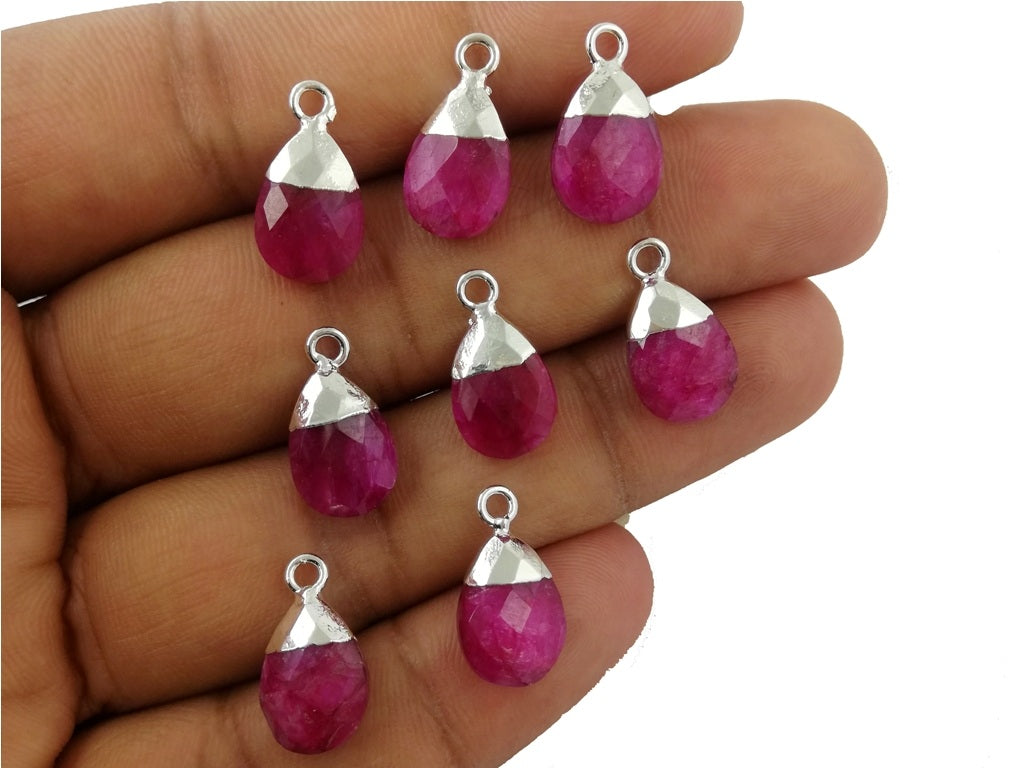 Pear 13x9mm Multi Gemstone Charms Pendant Silver Electroplated Cap Teardrop Handmade Minimalist Jewelry- Selling Per Piece