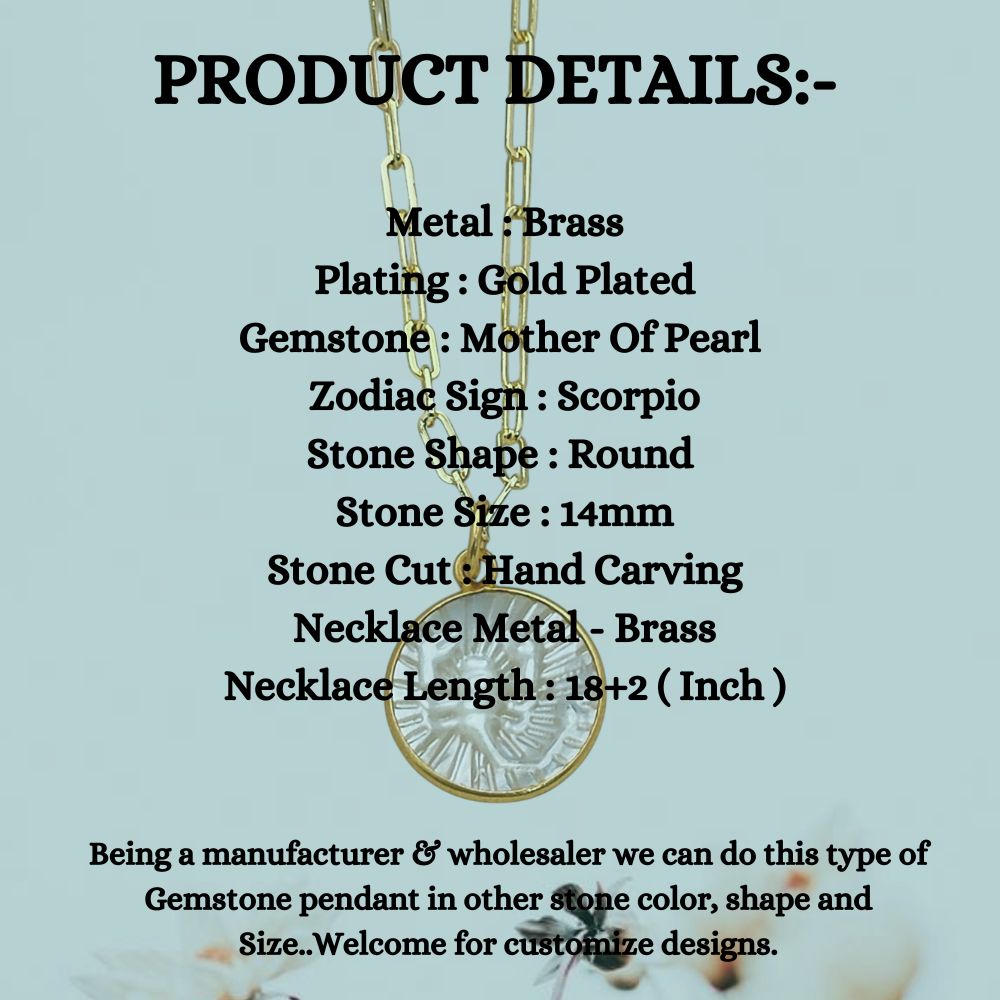 Scorpio Zodiac Necklace Jewelry Mother of Pearl Pendant with Gold Plated Paperclip Chain Stylish Astrology Gift- Selling Per Piece