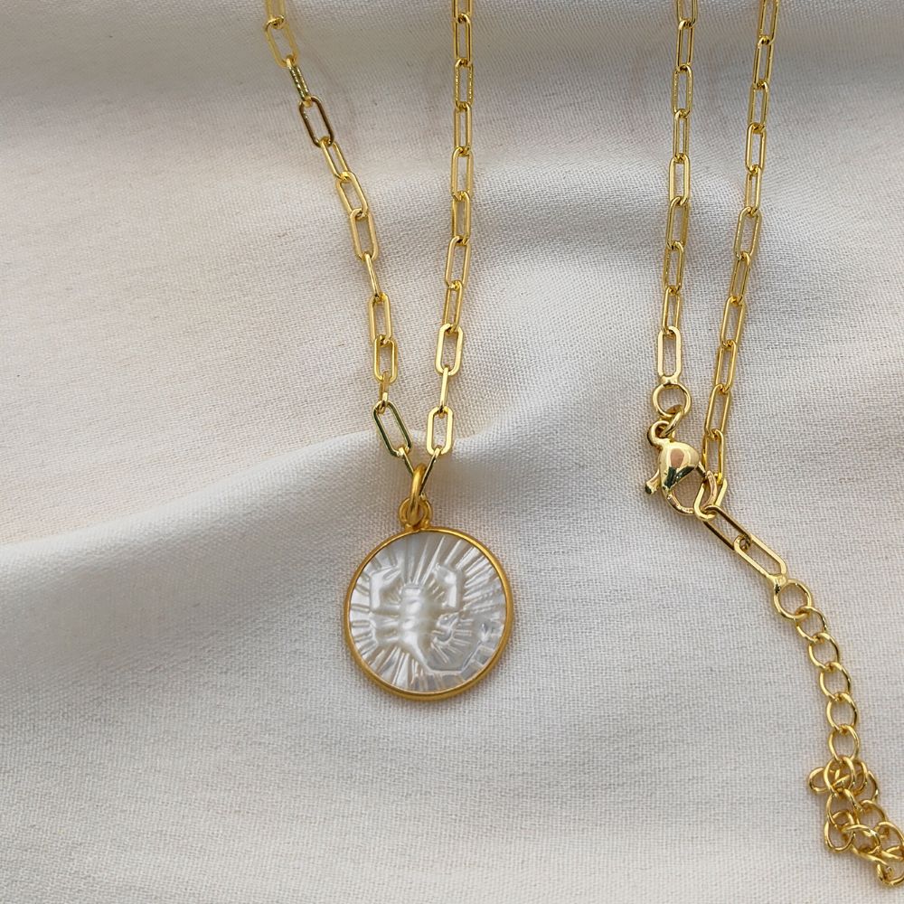 Mother of Pearl Zodiac Pendant for Necklace Gold Plated Astrology Sign Charm on Paperclip Chain Horoscope Jewelry Gift- Selling Per Piece