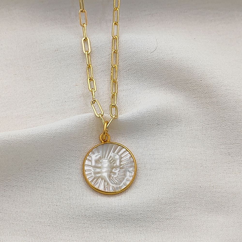 Mother of Pearl Zodiac Pendant for Necklace Gold Plated Astrology Sign Charm on Paperclip Chain Horoscope Jewelry Gift- Selling Per Piece