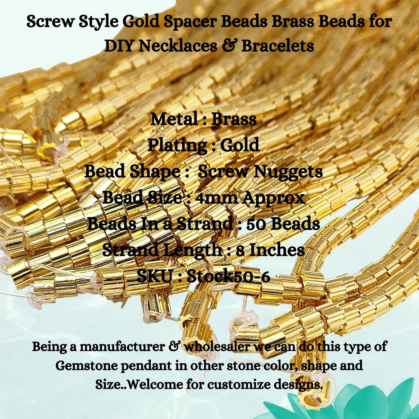 Close-up of screw design brass spacer beads with gold plating
