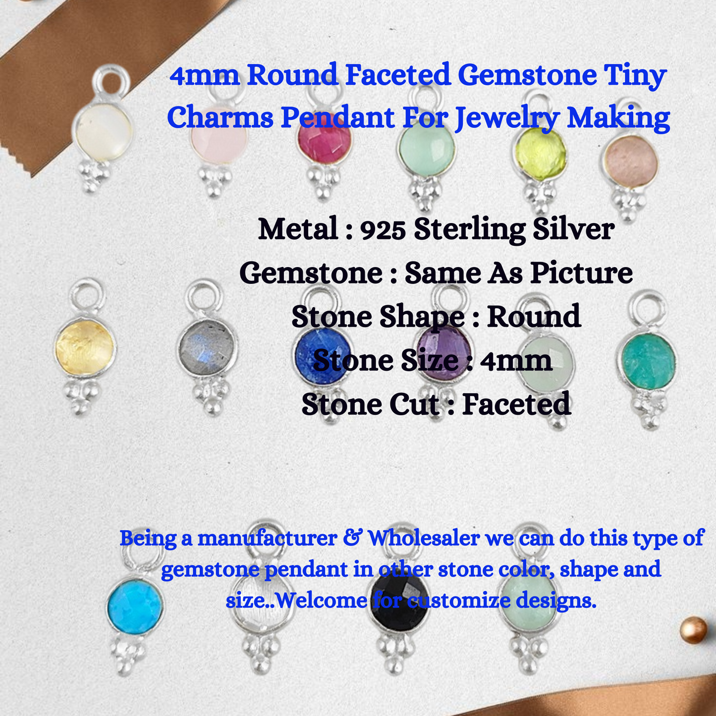 925 Sterling Silver Pendant 4mm Round Faceted Gemstone Pendant For Necklace Birthstone Jewelry- Selling Per Piece