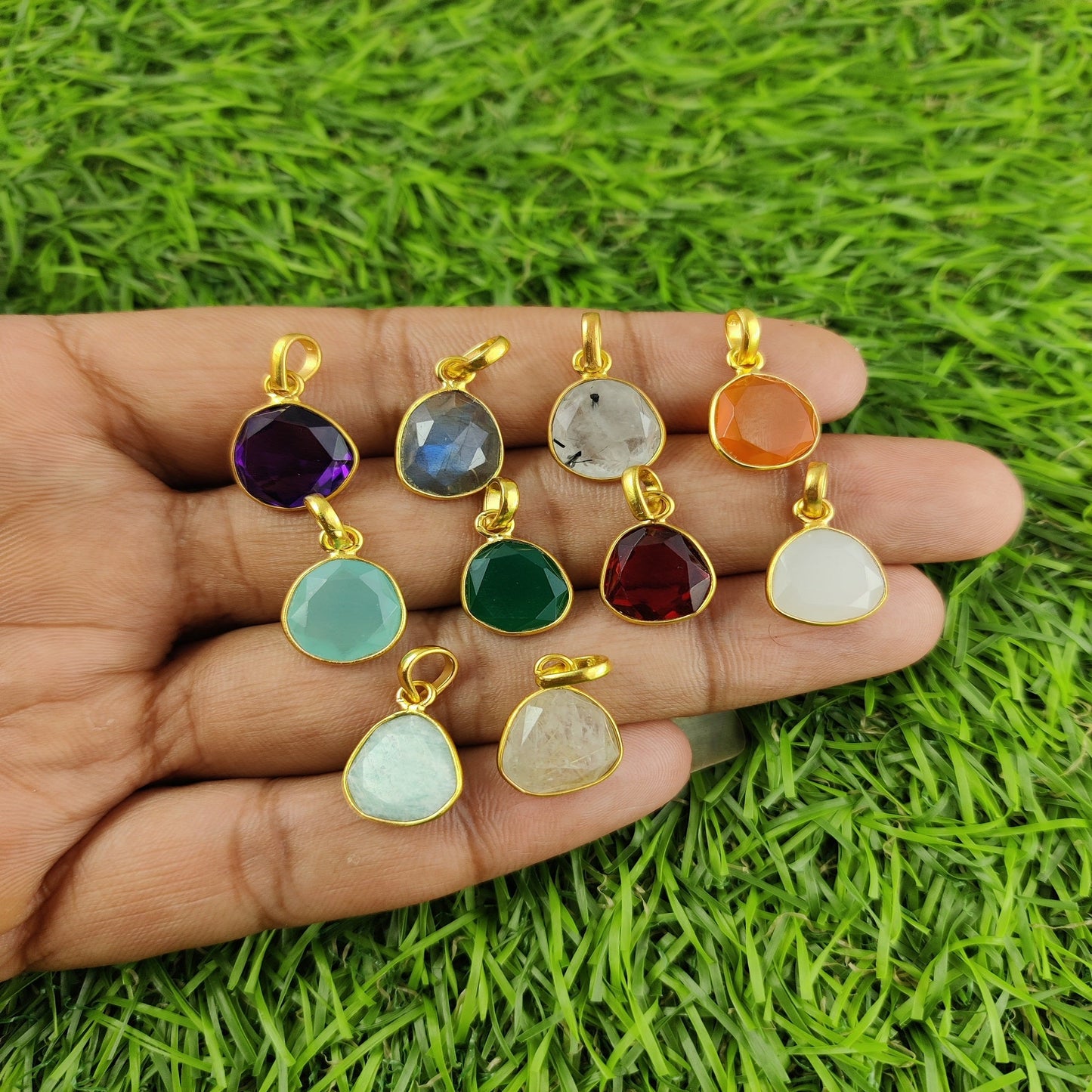 10-15mm Semi-Precious Gemstones Pendants Gold Plated Sterling Silver Birthstone Pendant For Jewelry Making- Selling Per Piece